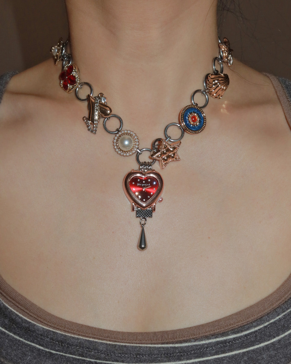 Willow Whimsical Button & Floral Red Heart Clock Face Silver Necklace