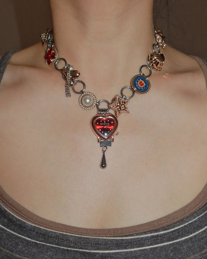 Willow Whimsical Button & Floral Red Heart Clock Face Silver Necklace