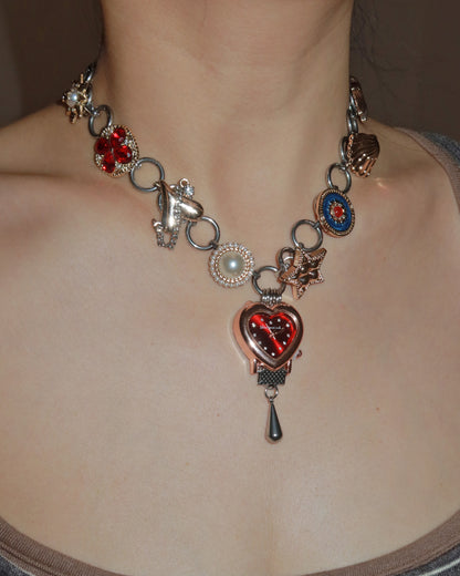 Willow Whimsical Button & Floral Red Heart Clock Face Silver Necklace