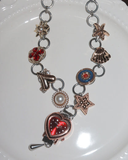 Willow Whimsical Button & Floral Red Heart Clock Face Silver Necklace