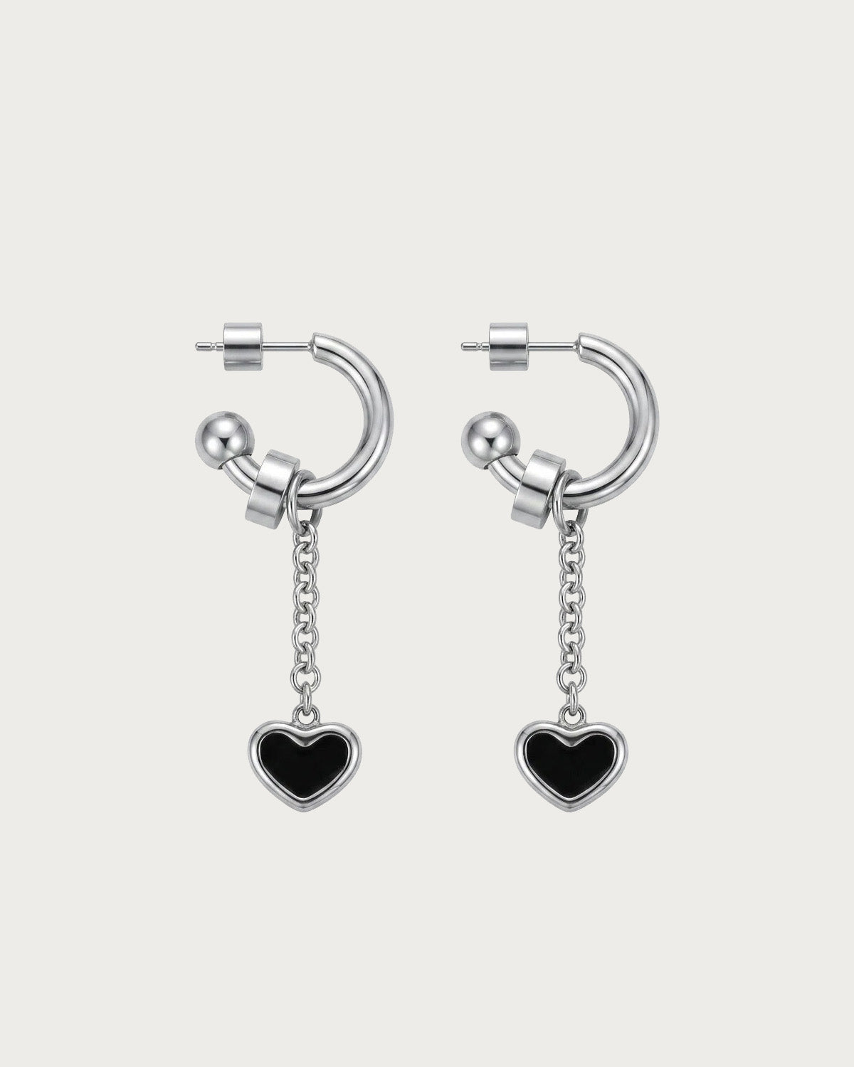 Noelle Black Heart Silver Hoop Earrings