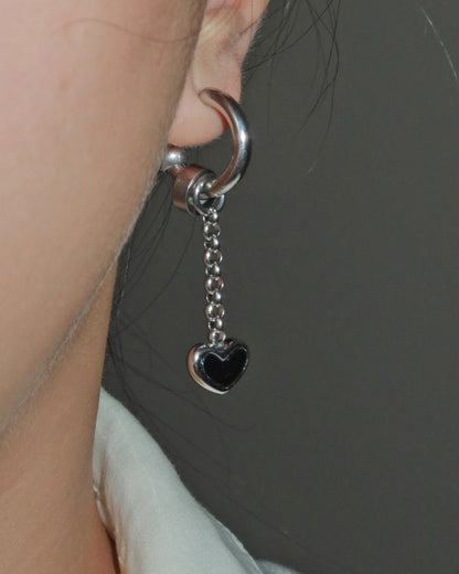 Noelle Black Heart Silver Hoop Earrings
