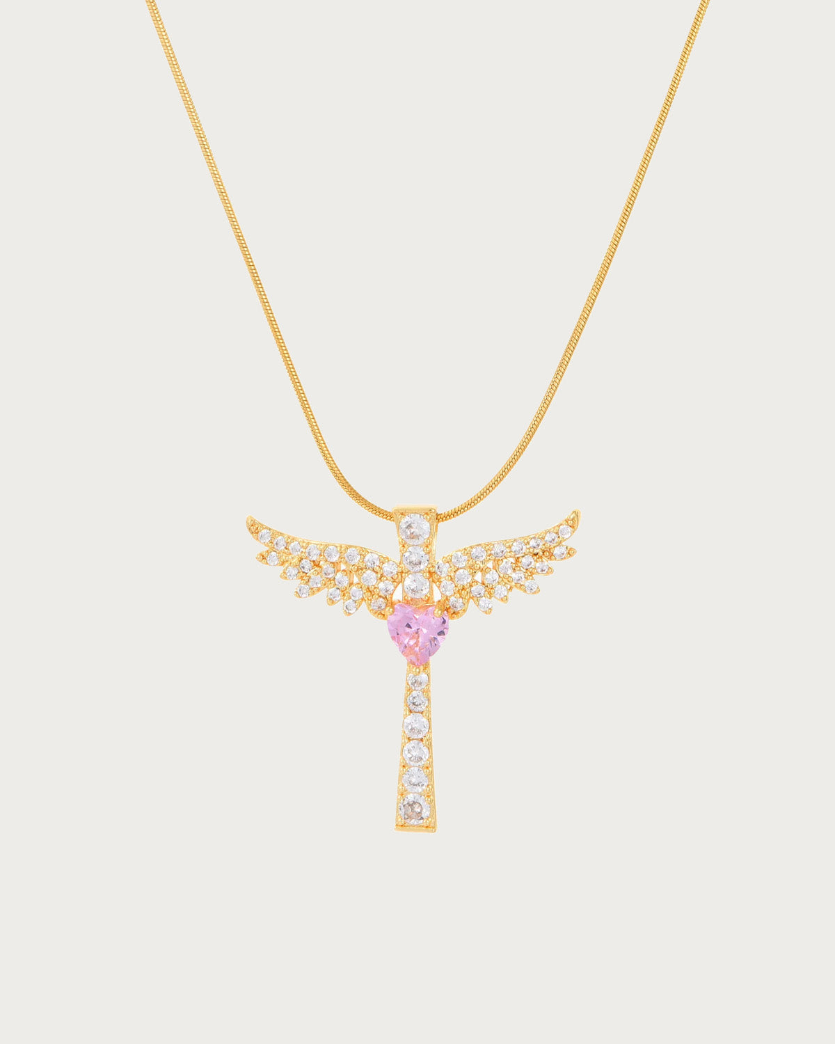 Virelle Angel Wing Pink Heart Cross Golden Necklace