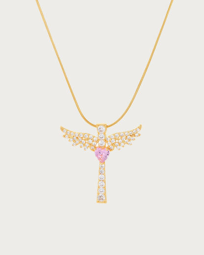 Virelle Angel Wing Pink Heart Cross Golden Necklace