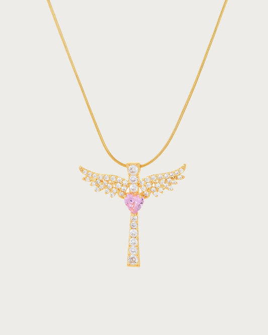 Virelle Angel Wing Pink Heart Cross Golden Necklace