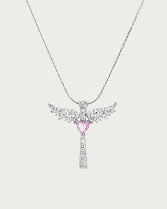 Virelle Angel Wing Pink Heart Cross Silver Necklace