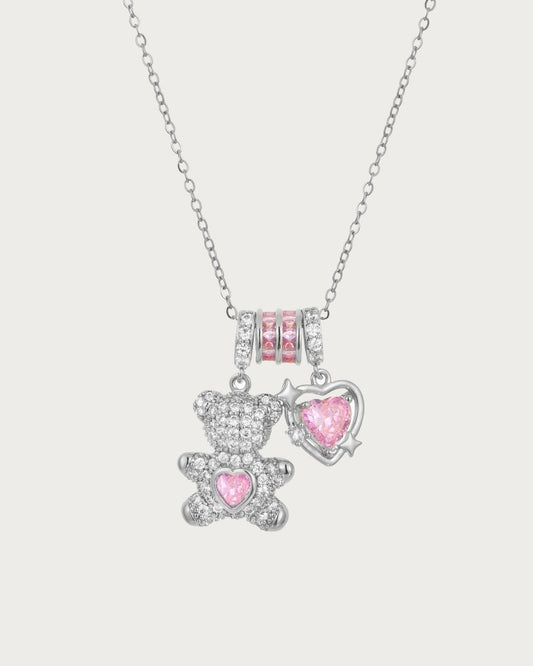 Pippa Bearheart Pink Heart Silver Necklace