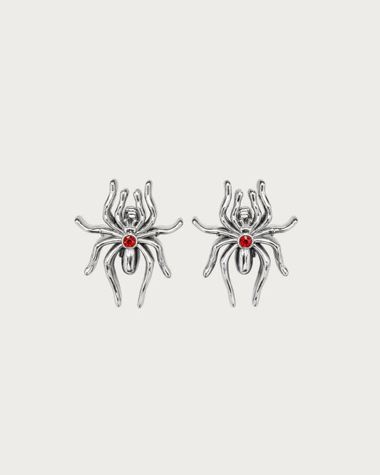 Anansi Spider Red Gem Silver Stud Earrings