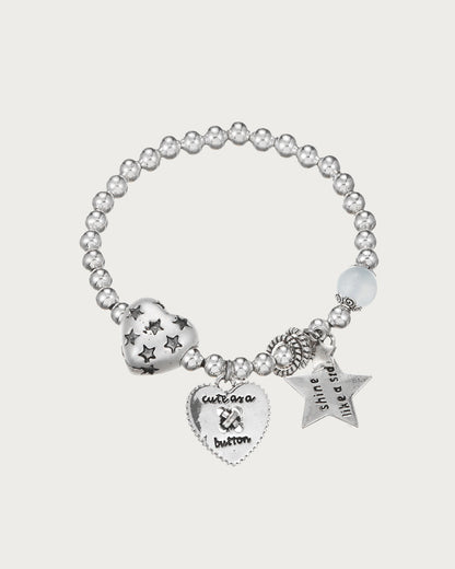 Aster Silver Beaded Star and Heart Vintage Bracelet