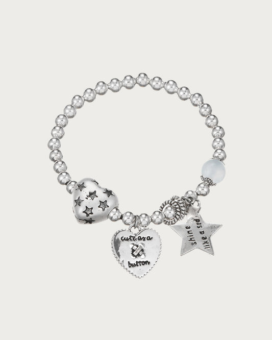 Aster Silver Beaded Star and Heart Vintage Bracelet