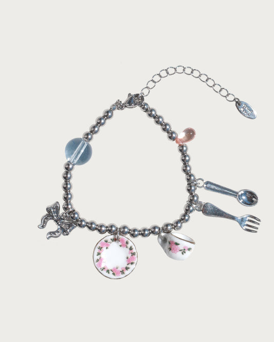Teacup Afternoon Tea Silver Beaded Charm Bracelet