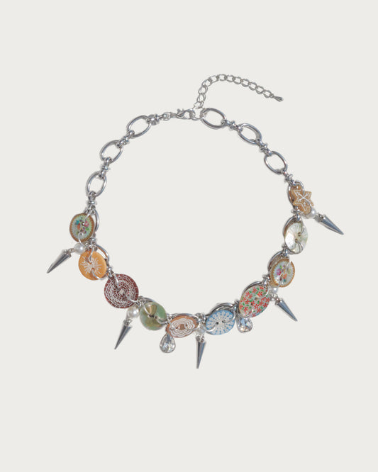 Roxelle Vintage Button & Spike Statement Silver Choker Necklace