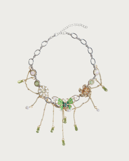 Mariposa Enchanted Green Butterfly Silver-Tone Pearl Drop Necklace