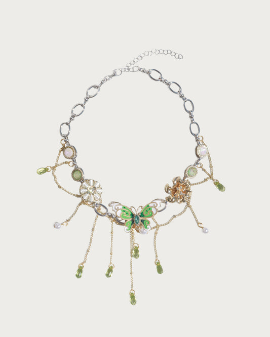 Mariposa Enchanted Green Butterfly Silver-Tone Pearl Drop Necklace