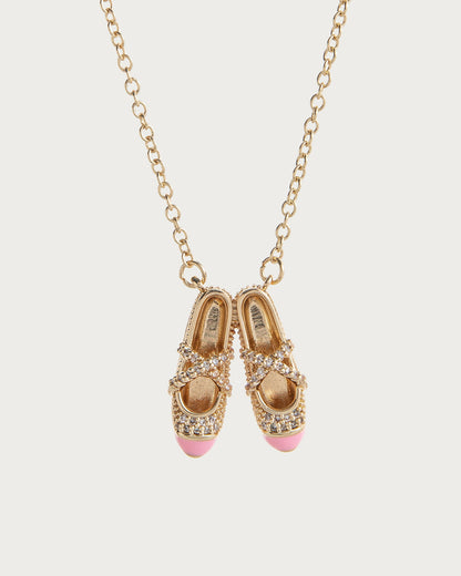 Pointe Pink Enamel Ballet Slippers Golden Pendant Necklace