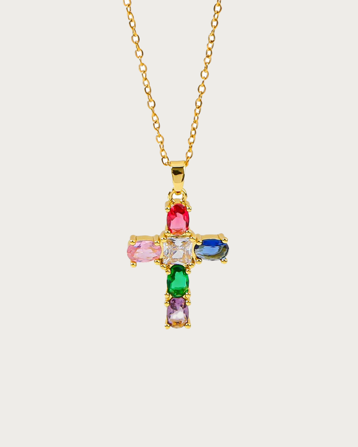 Elvira Colorful Stone Cross Golden Pendant Necklace