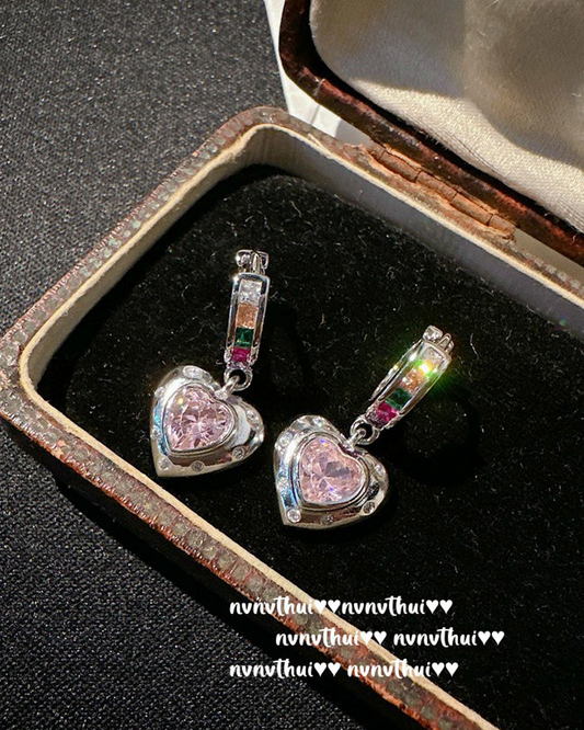 Pink Heart Silver Hoop Earrings
