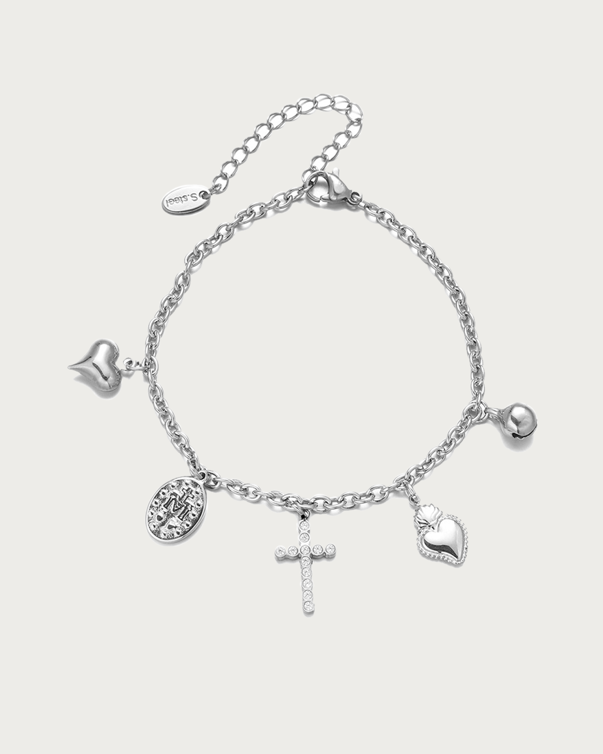 Carlin Cross Heart Dangle Religious Charm Silver Bracelet