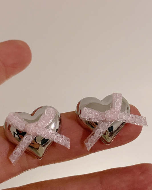 Pink Bow Tie Heart Silver Stud Earrings