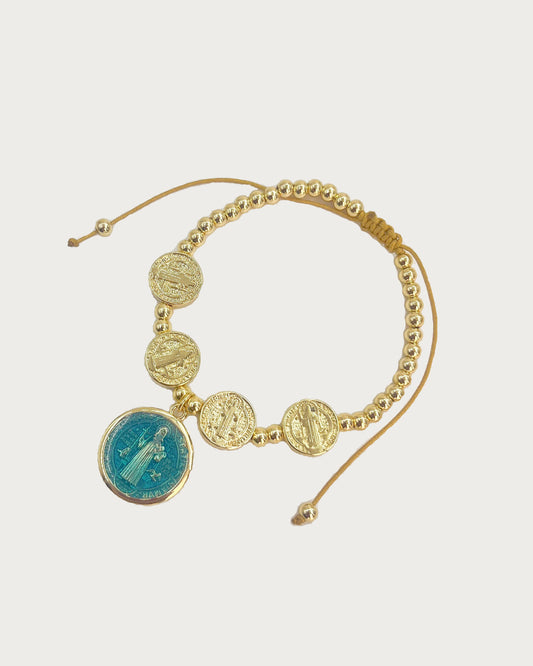 Pulsera de cuentas azules doradas de la Virgen María