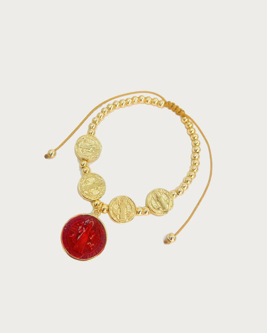 Pulsera de cuentas rojas doradas de la Virgen María