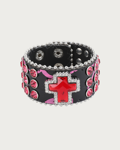 Vera Cross Rhinestone Wide Leather Bracelet