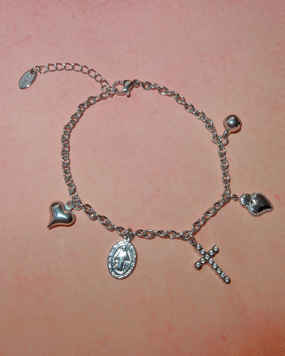 Carlin Cross Heart Dangle Religious Charm Silver Bracelet