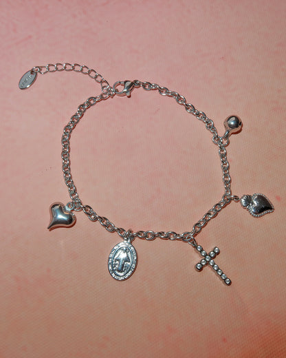 Carlin Cross Heart Dangle Religious Charm Silver Bracelet
