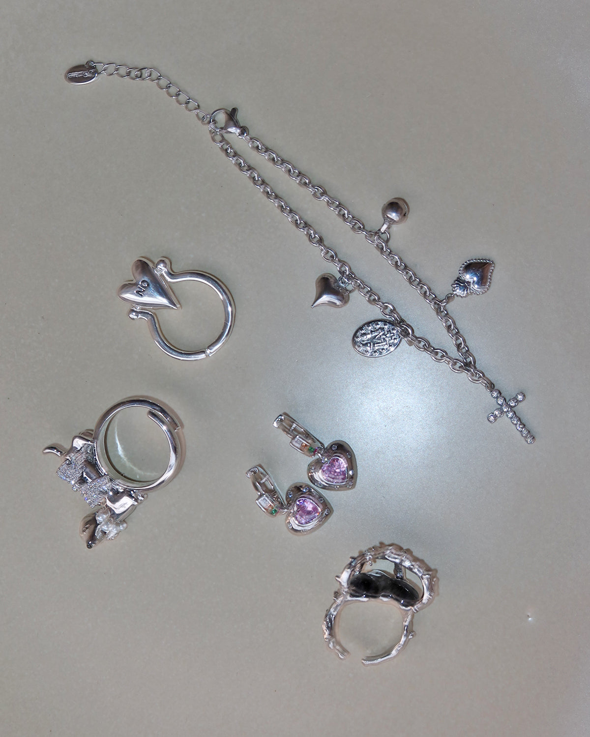 Carlin Cross Heart Dangle Religious Charm Silver Bracelet