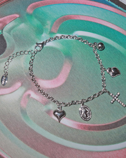 Carlin Cross Heart Dangle Religious Charm Silver Bracelet