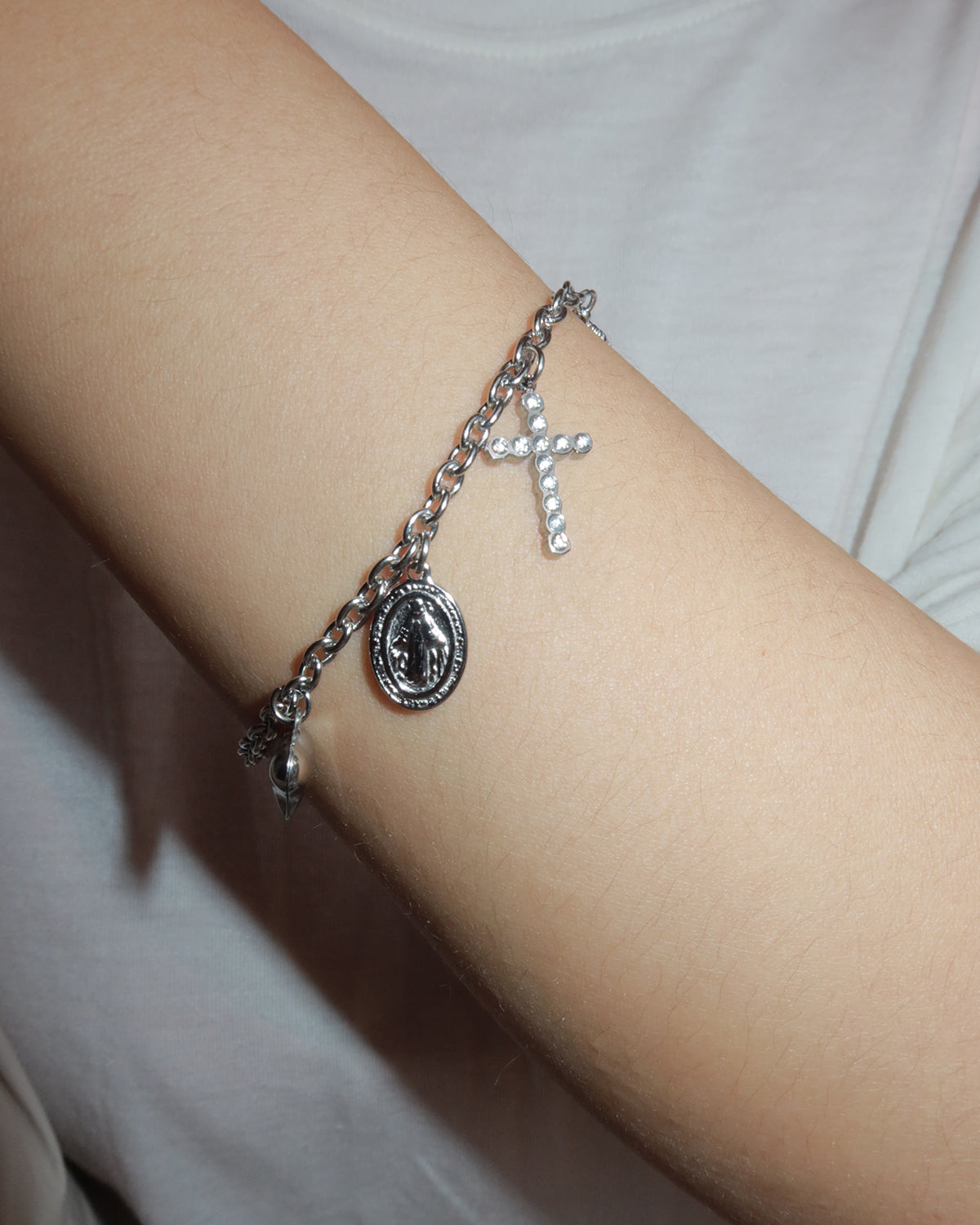 Carlin Cross Heart Dangle Religious Charm Silver Bracelet