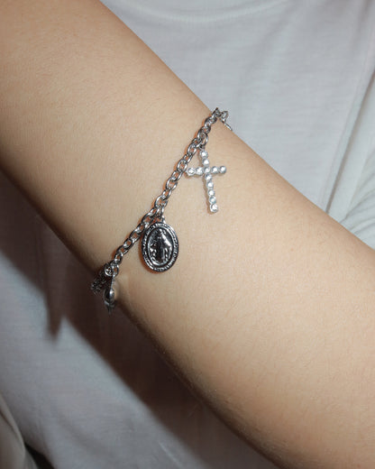 Carlin Cross Heart Dangle Religious Charm Silver Bracelet