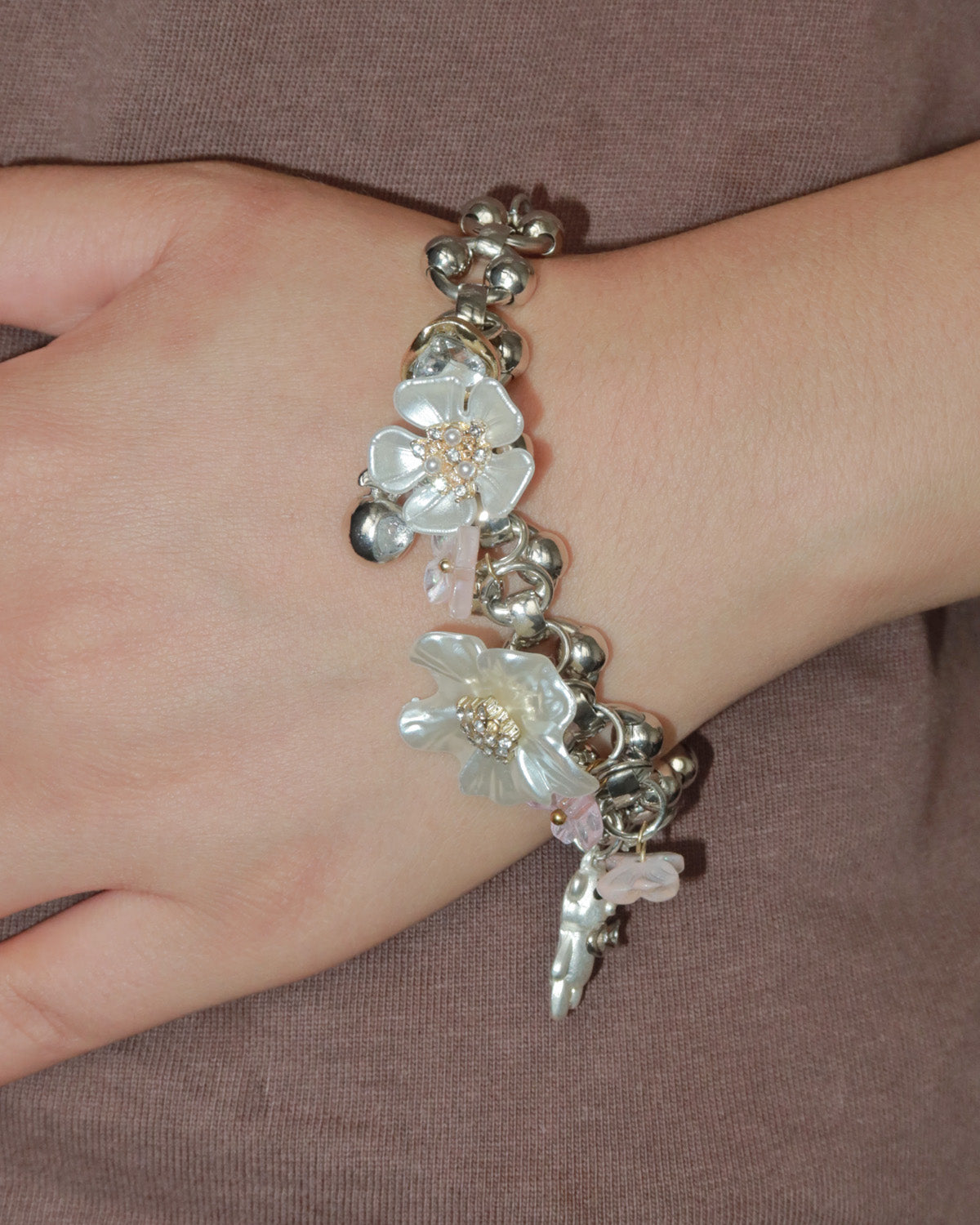 Saskia Blossom & Bear Charm Silver Bracelet
