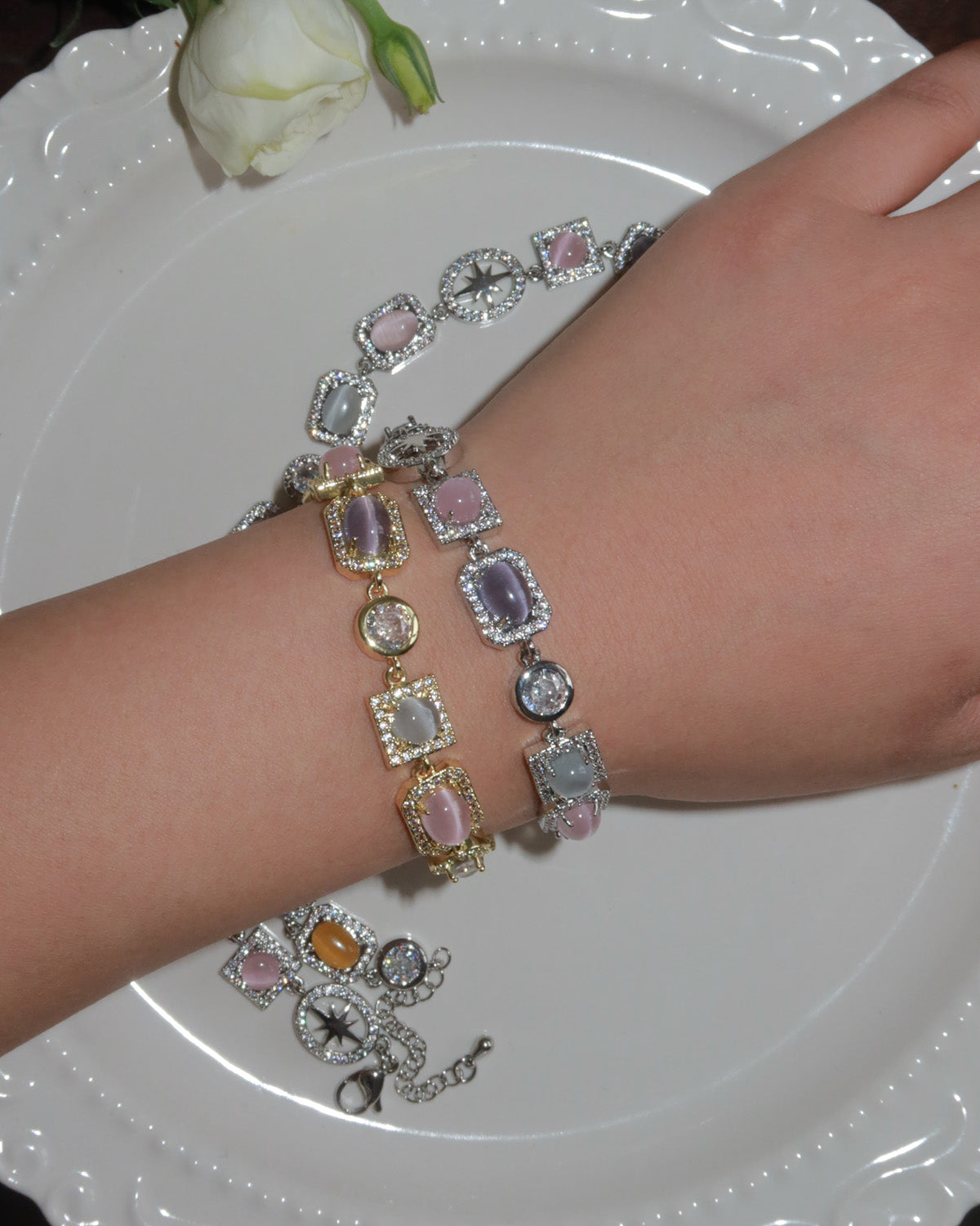 Shirley Colorful Crystal Geometric Silver Bracelet & Necklace