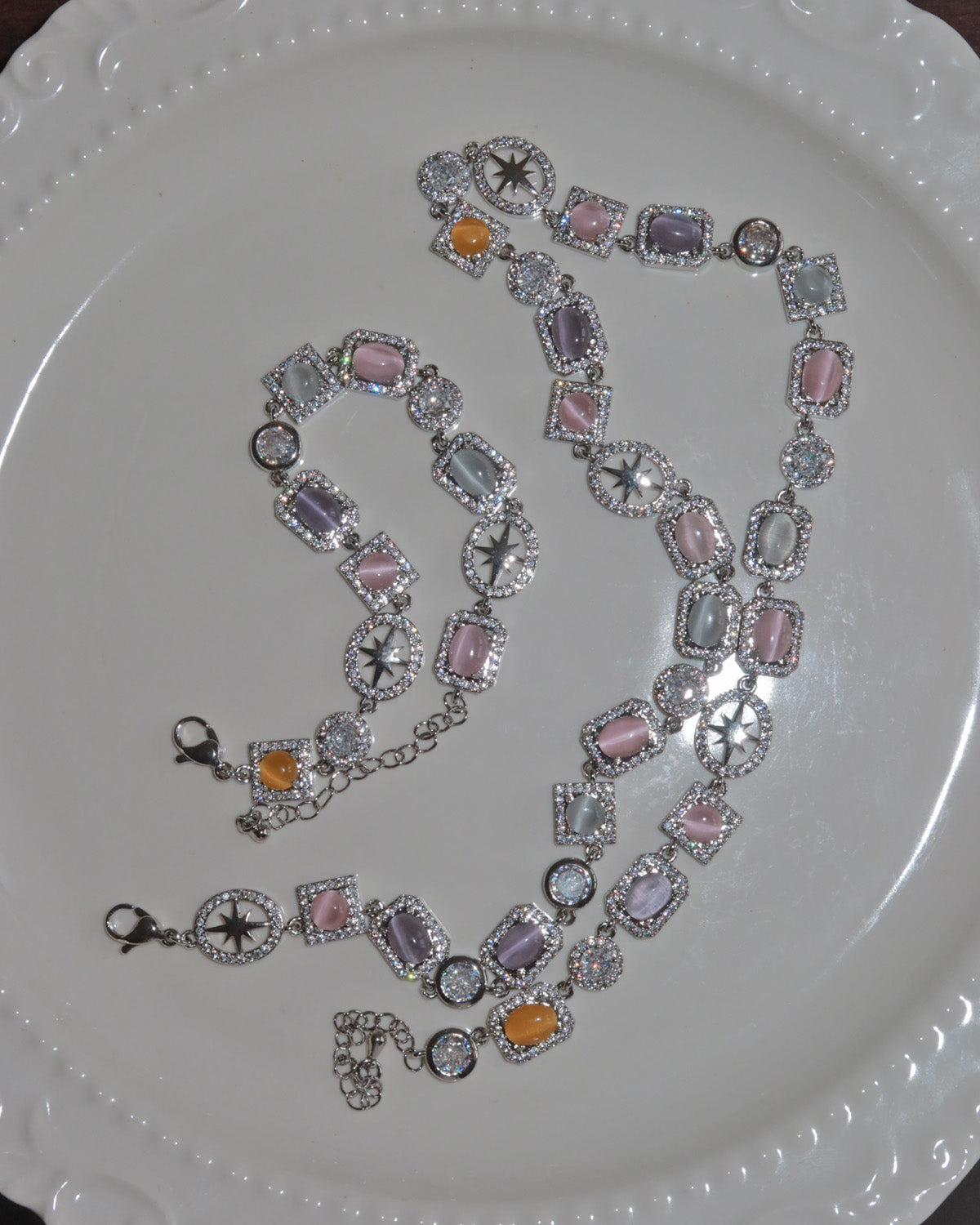 Shirley Colorful Crystal Geometric Silver Necklace & Bracelet