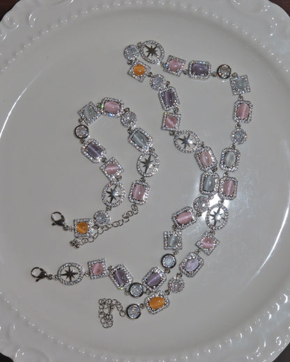 Shirley Colorful Crystal Geometric Silver Necklace & Bracelet