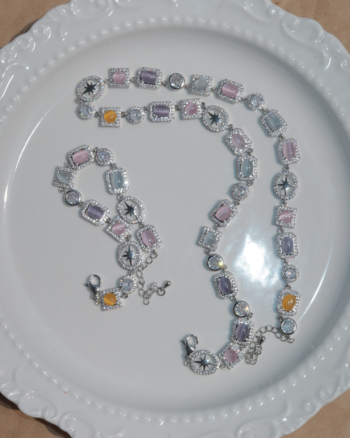 Shirley Colorful Crystal Geometric Silver Necklace & Bracelet