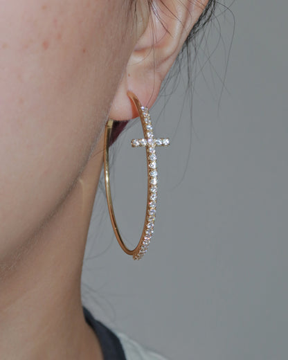 Angelina Divine Spark Cross Golden Hoop Earrings