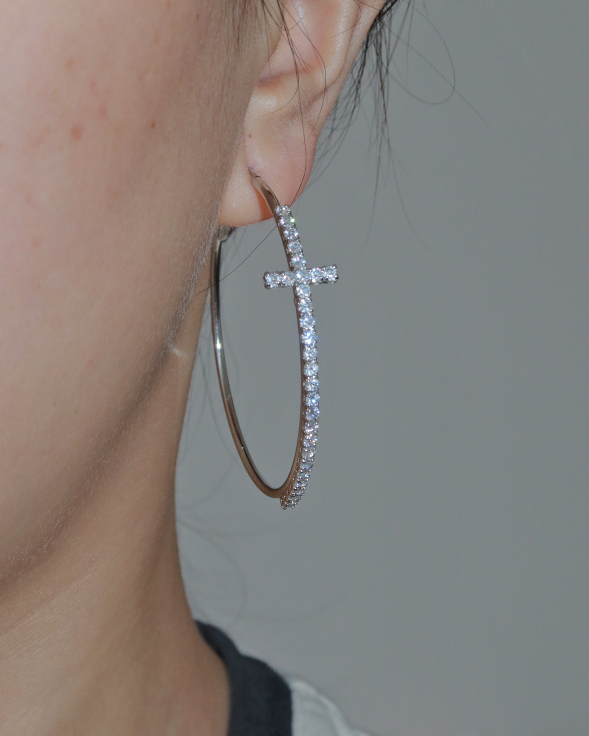 Angelina Divine Spark Cross Silver Hoop Earrings
