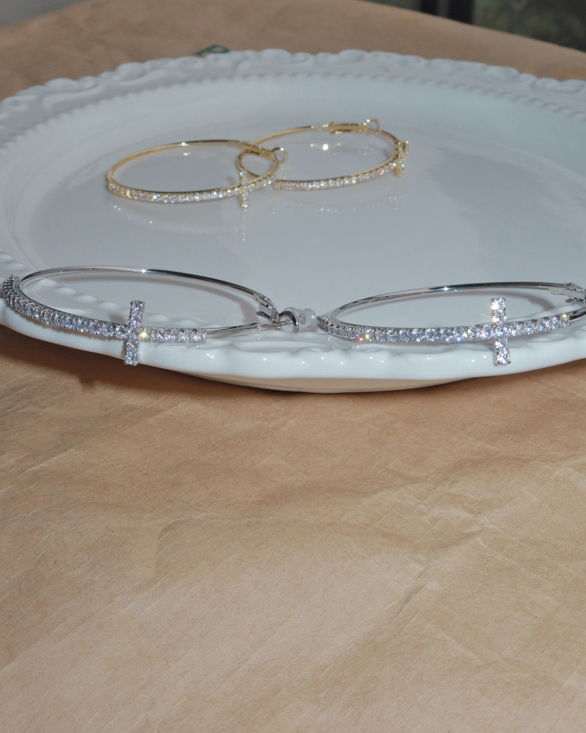 Angelina Divine Spark Cross Silver Hoop Earrings