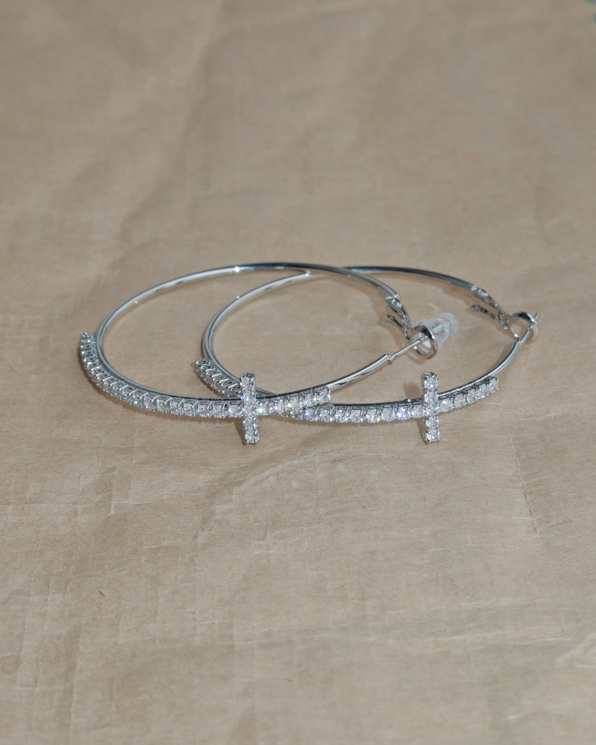 Angelina Divine Spark Cross Silver Hoop Earrings