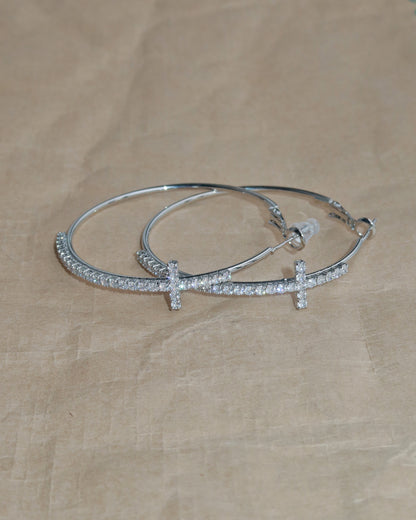 Angelina Divine Spark Cross Silver Hoop Earrings