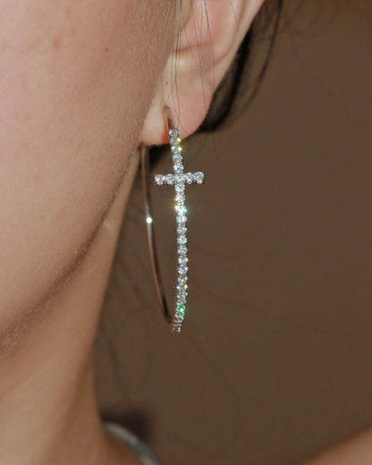 Angelina Divine Spark Cross Silver Hoop Earrings