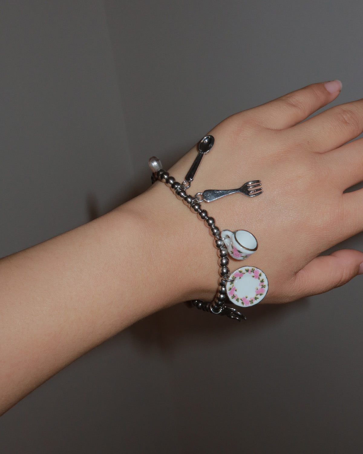 Teacup Afternoon Tea Silver Beaded Charm Bracelet