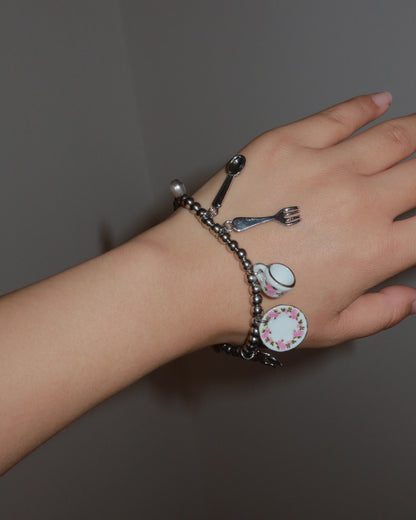 Teacup Afternoon Tea Silver Beaded Charm Bracelet