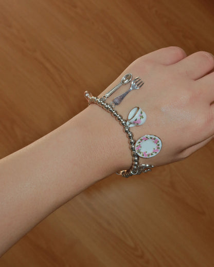 Teacup Afternoon Tea Silver Beaded Charm Bracelet