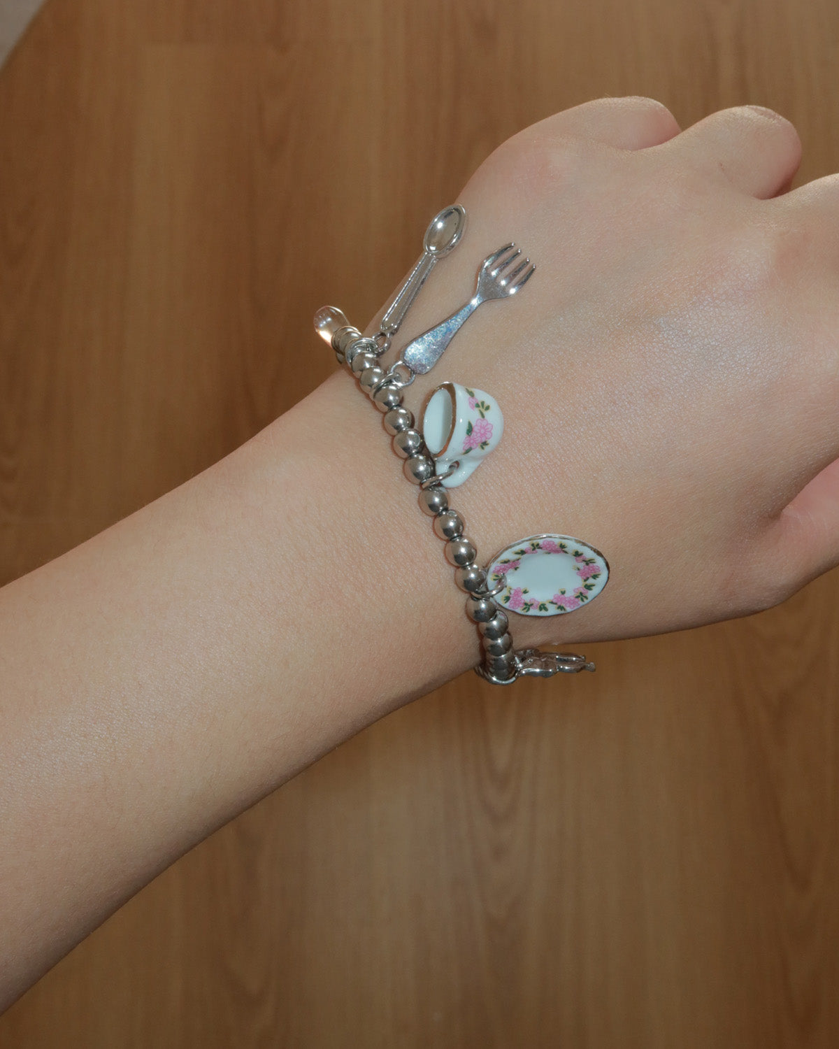 Teacup Afternoon Tea Silver Beaded Charm Bracelet