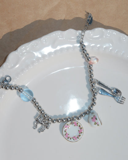 Aster Silver Beaded Star and Heart Vintage Bracelet