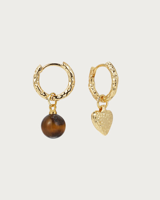 Pendientes de aro dorados y marrones con corazón de piedra de ojo de tigre