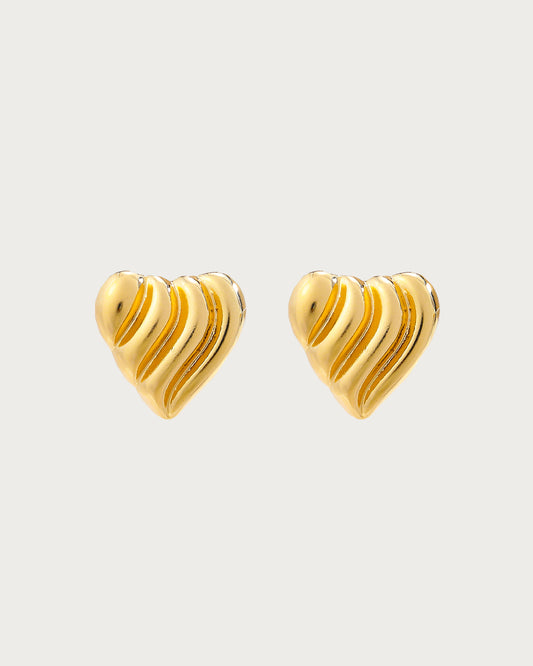 Ribbed Puffy Heart Golden Stud Earrings